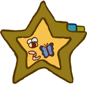 a star shaped folder with a yellow inside and darker yellow green ish outside with a tab of the same colour, with a bee, a worm and a blue butterfly.